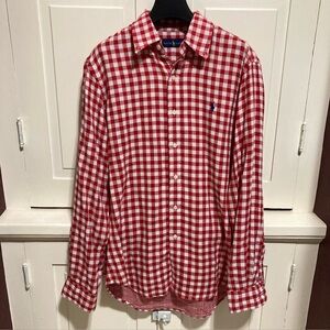 Ralph Lauren Size M Red White Plaid Checkered Picnic Polo Shirt Embroidered Logo